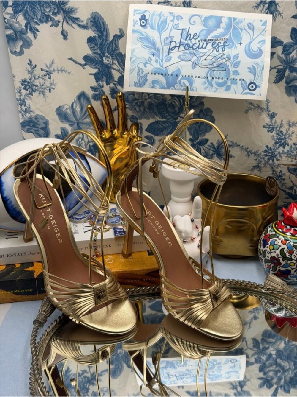 🆕 KURT GEIGER LONDON 🧿 NWOB Multi Strap Tie Heel Sandal, Gold - Sz 37 US 7